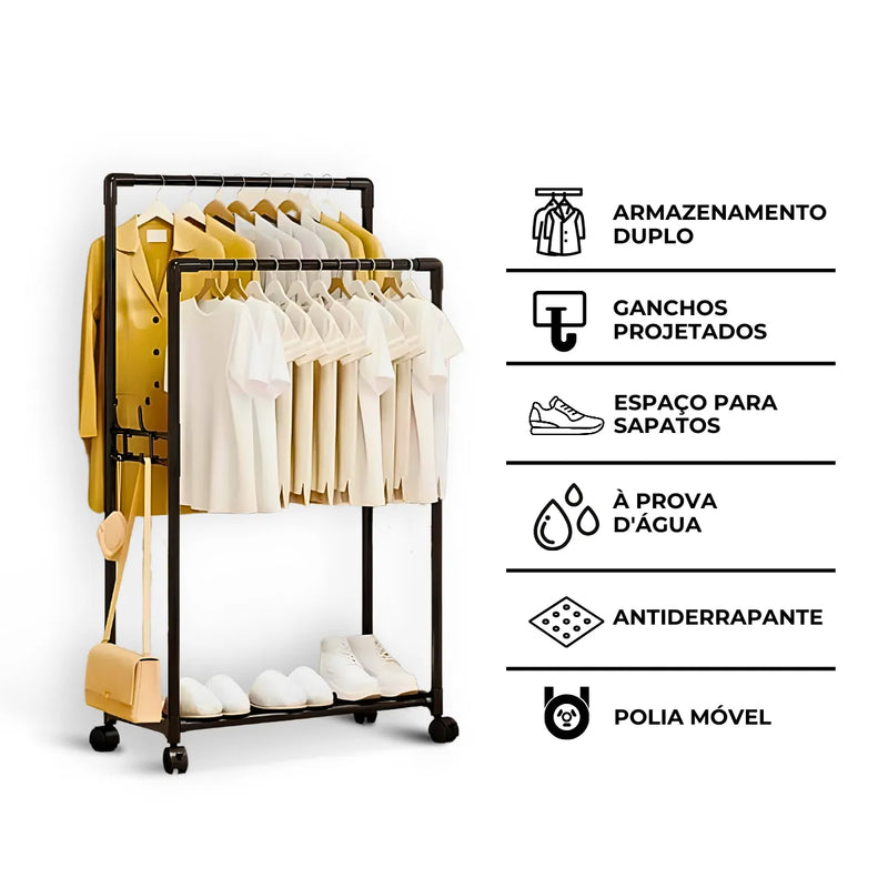 Cabideiro Duplo com Arara e Sapateira com Rodinhas